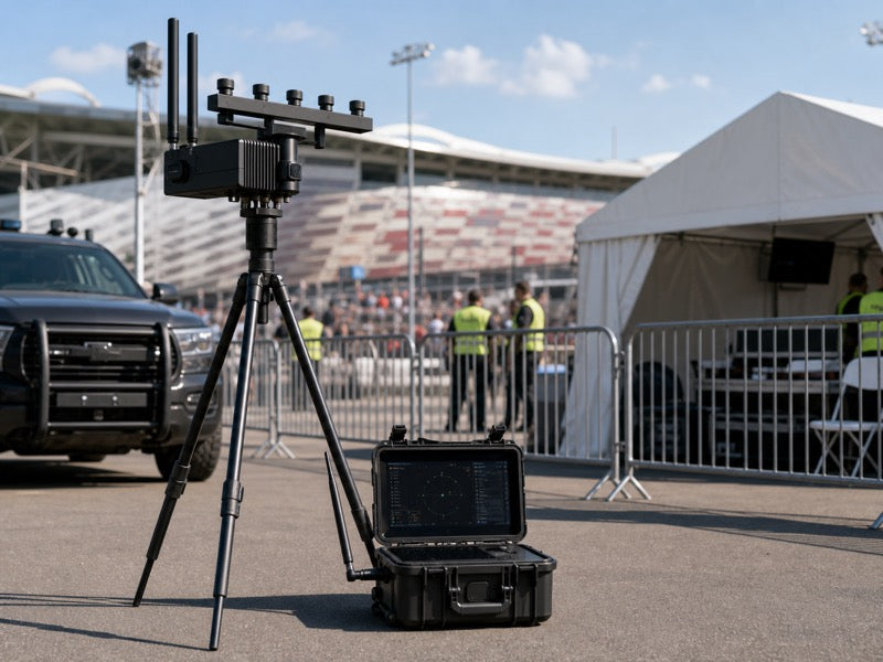 Counter-UAV detection and jamming system deployed near a stadium perimeter