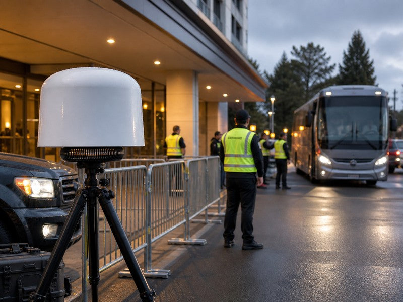 Compact dome radar staged near a team hotel loading area