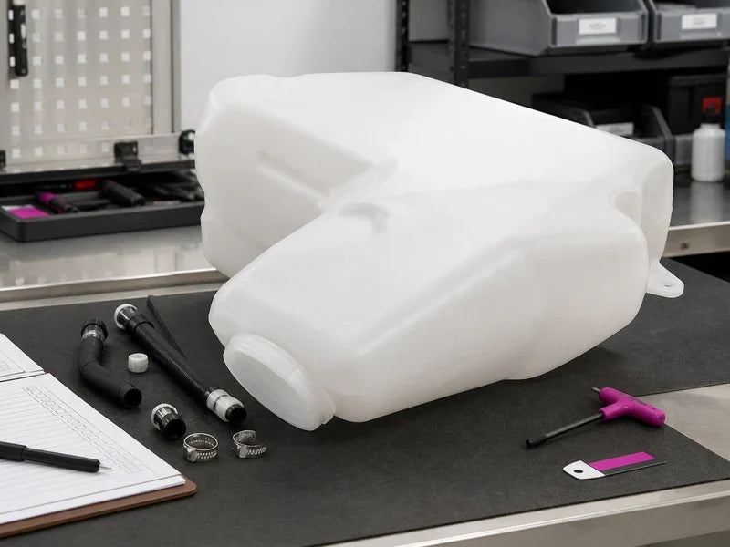 DJI AGRAS T100 water tank assembly on a professional UAV maintenance bench