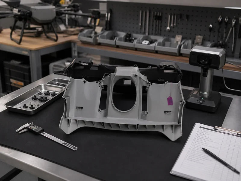 DJI AGRAS T20P parts planning guide front shell component on a UAV repair bench