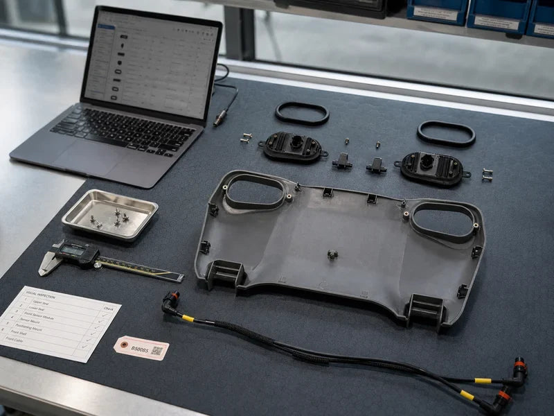 DJI AGRAS T25 parts planning guide front shell components on a service bench