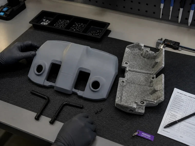 DJI AGRAS T30 parts planning guide front shell components on a UAV repair bench