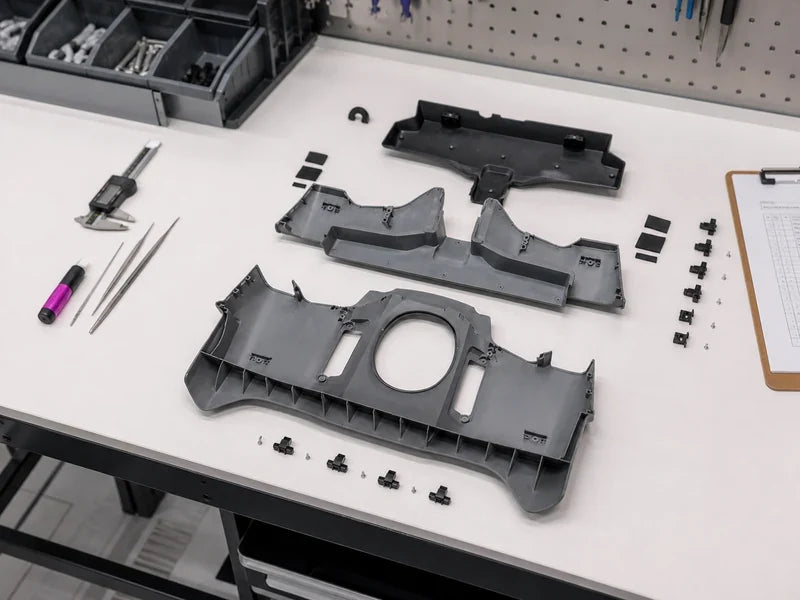 DJI AGRAS T40 front shell parts organized for repair-team planning