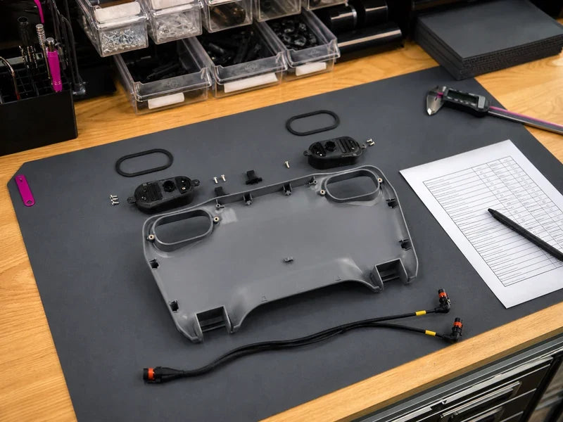 DJI AGRAS T50 front shell replacement parts organized on a UAV service bench