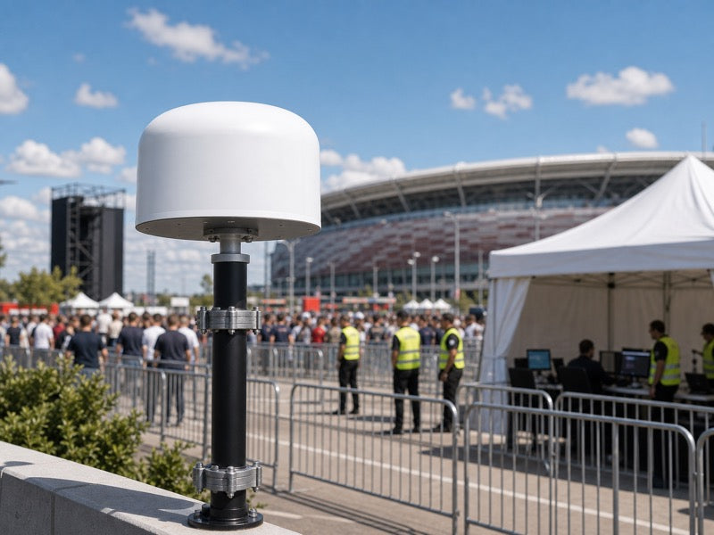 White dome drone detection sensor deployed near an outdoor football fan zone