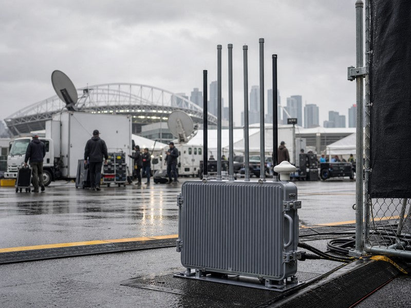 Counter-UAV unit protecting a rain-washed broadcast compound near a stadium