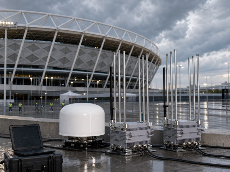 UVDC2 PRO style equipment deployed on a wet stadium operations terrace after a weather delay