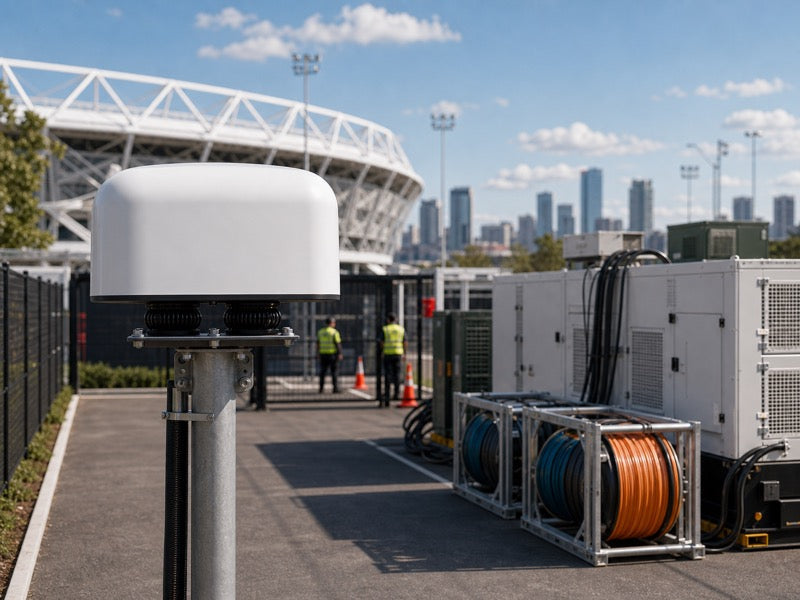 USJ1 style white dome counter-drone unit near a temporary power and communications compound