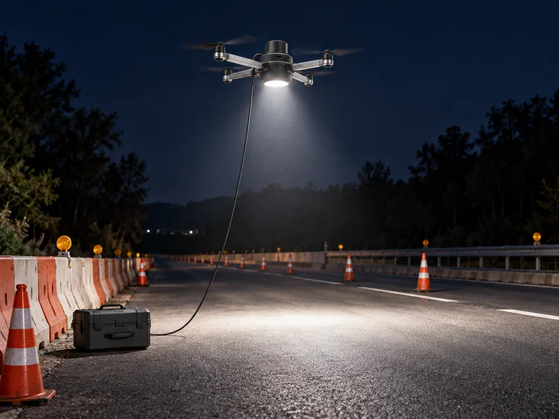 Compact tethered lighting drone illuminating an empty controlled road work zone at night