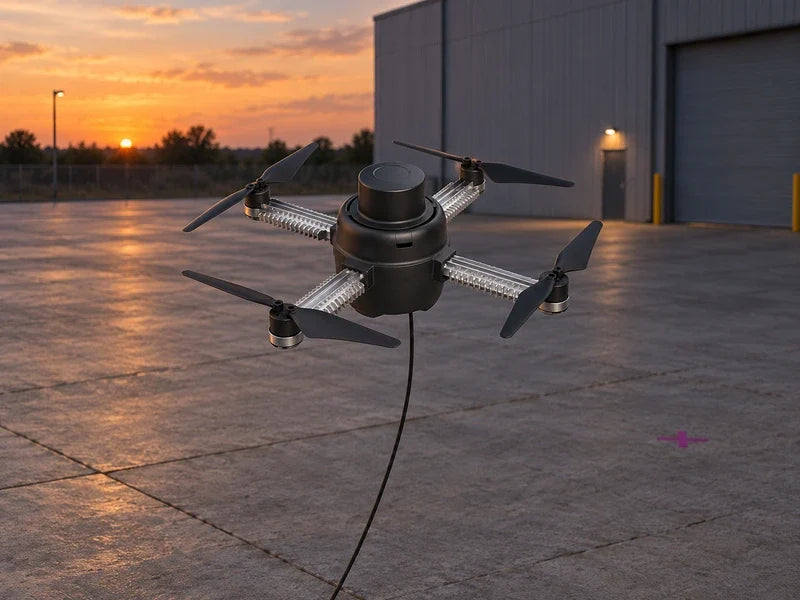 UG2LE tethered lighting drone above an illustrative industrial staging area at dusk