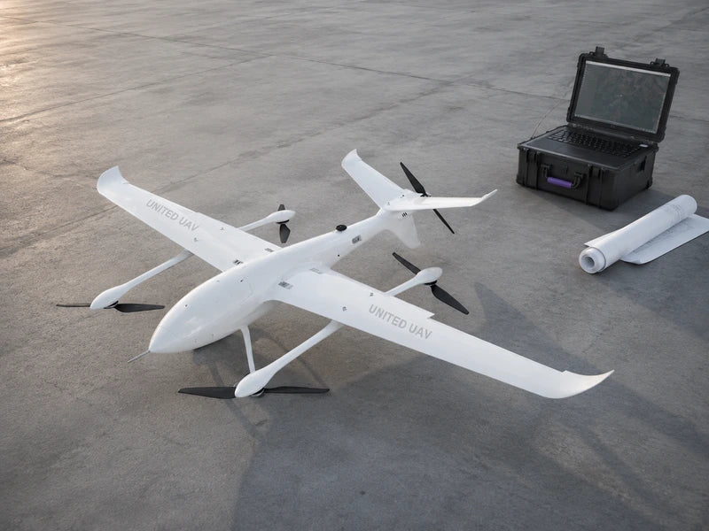 High three-quarter view of complete UG32 on a survey apron beside an unbranded GIS workstation.