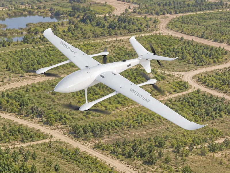 UG32 in its exact approved airborne perspective above a quiet disconnected pattern of green restoration plots separated by pale service tracks, distant horizon and no people