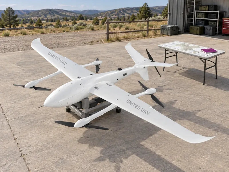 UG32 parked in an open rural GIS survey staging yard with a clearly separate folded mapping table