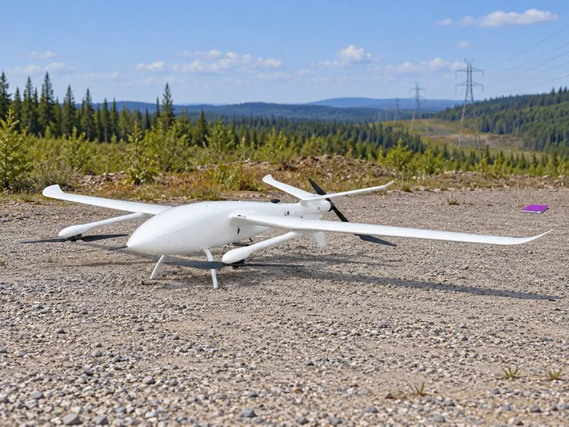 UG39 parked on a quiet gravel laydown area near a rural survey corridor, full aircraft front three-quarter view in soft daylight.