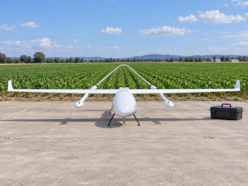 UG62 fully visible in a broad farm equipment staging area beside straight crop rows, no payload additions
