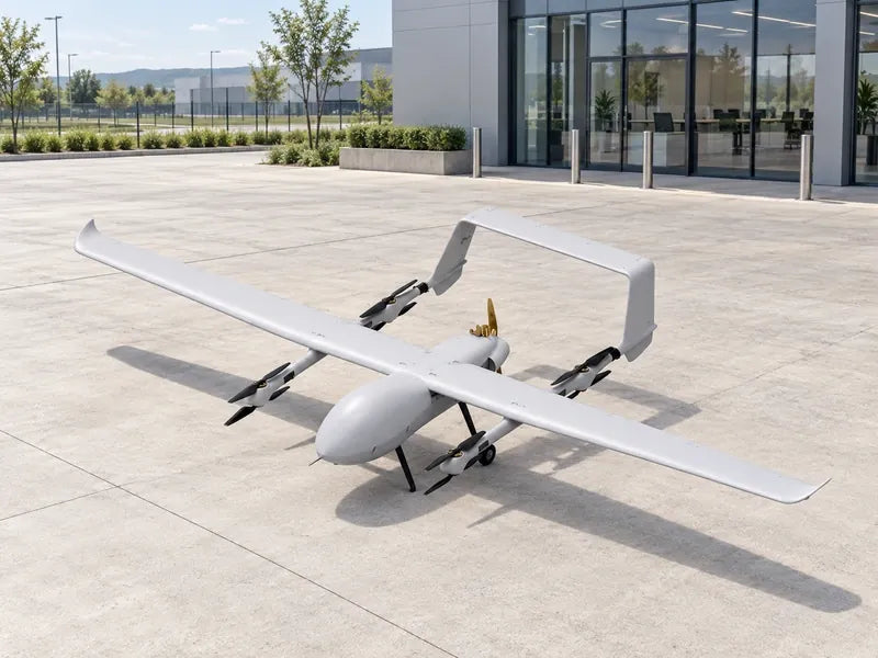 UG82 in its approved elevated three-quarter view on a wide light concrete forecourt outside a logistics planning office, aircraft intact and stationary, no shipping crate, clear daylight.