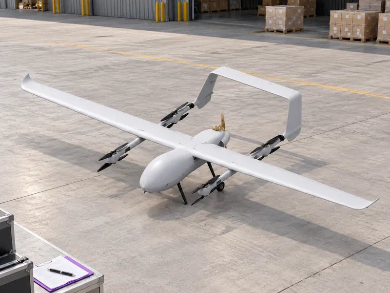 UG82 stationary on a warehouse receiving apron with sealed unbranded ground-support cartons far behind, elevated three-quarter view, no loading operation.