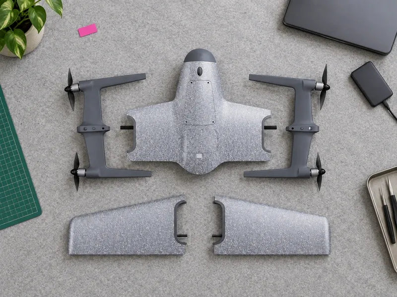 UVH PNP components in the exact approved overhead separated layout on a broad light-gray padded work surface, a closed laptop and external drive well outside all parts