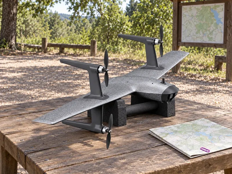 UVH-RTF fully visible in a quiet outdoor education staging clearing beside an unmarked map board