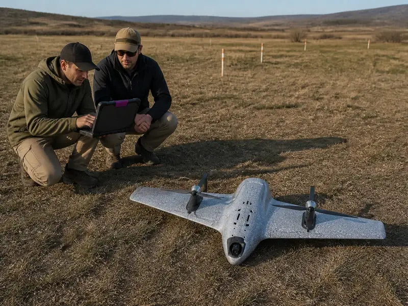UVH1 survey VTOL in the field while a crew conducts a structured flight debrief