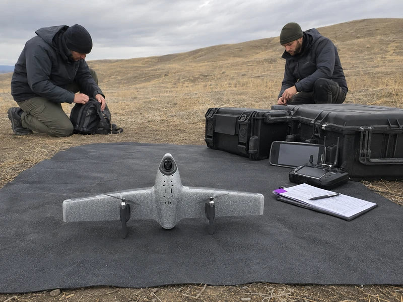 Complete UVH1 fixed-wing VTOL at a civilian survey staging area with ground equipment cases