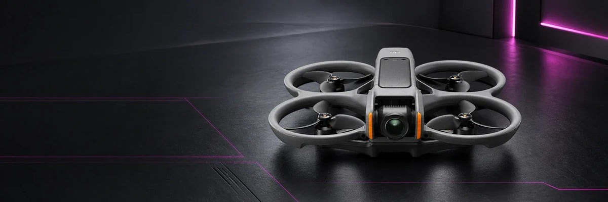 DJI Avata 2 FPV drone with four integrated propeller guards on a dark graphite background with magenta accents.