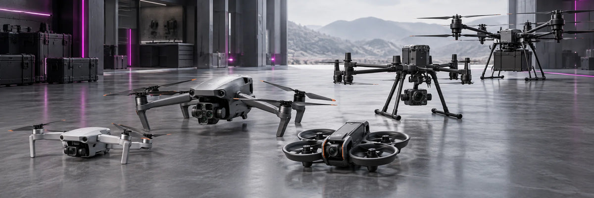 Concept banner for the DJI drones collection, showing camera, FPV and industrial drones in a hangar with magenta lighting.