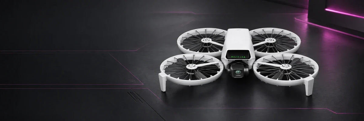 DJI Flip camera drone with four circular propeller guards on a dark graphite background with magenta accents.
