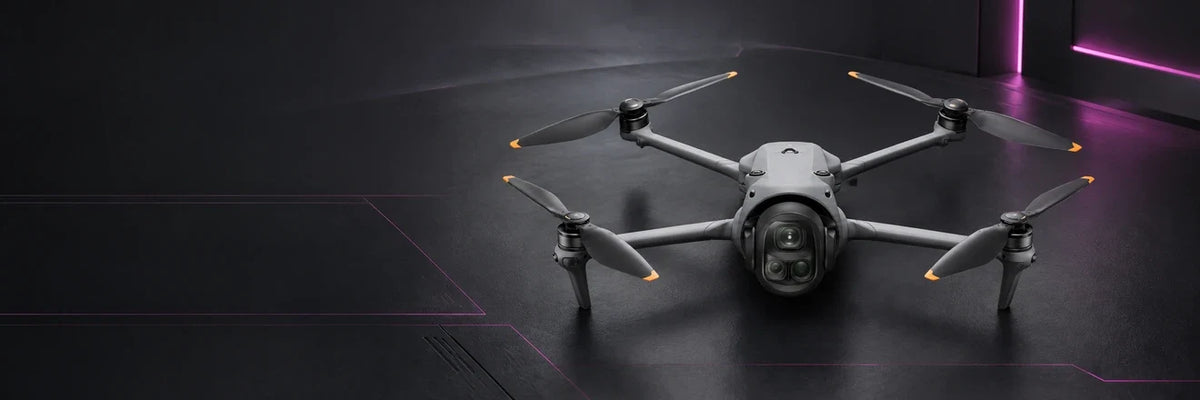 DJI Mavic 4 Pro with its triple-camera gimbal on a dark graphite background with magenta accents, representing the DJI Mavic Series.