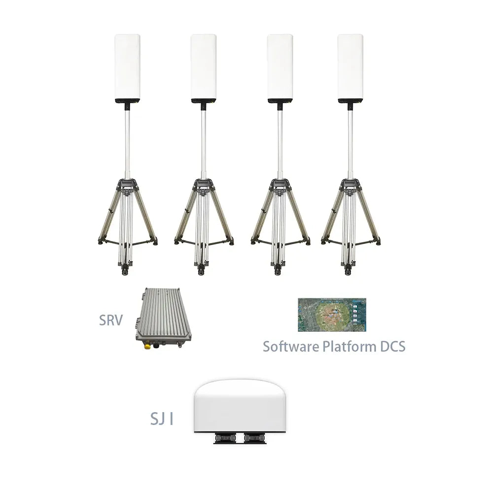 Complete TDOA drone detection system including four UFTD1-MINI units, DSC control system, SRV server, and SJ1 jammer for counter UAS systems.