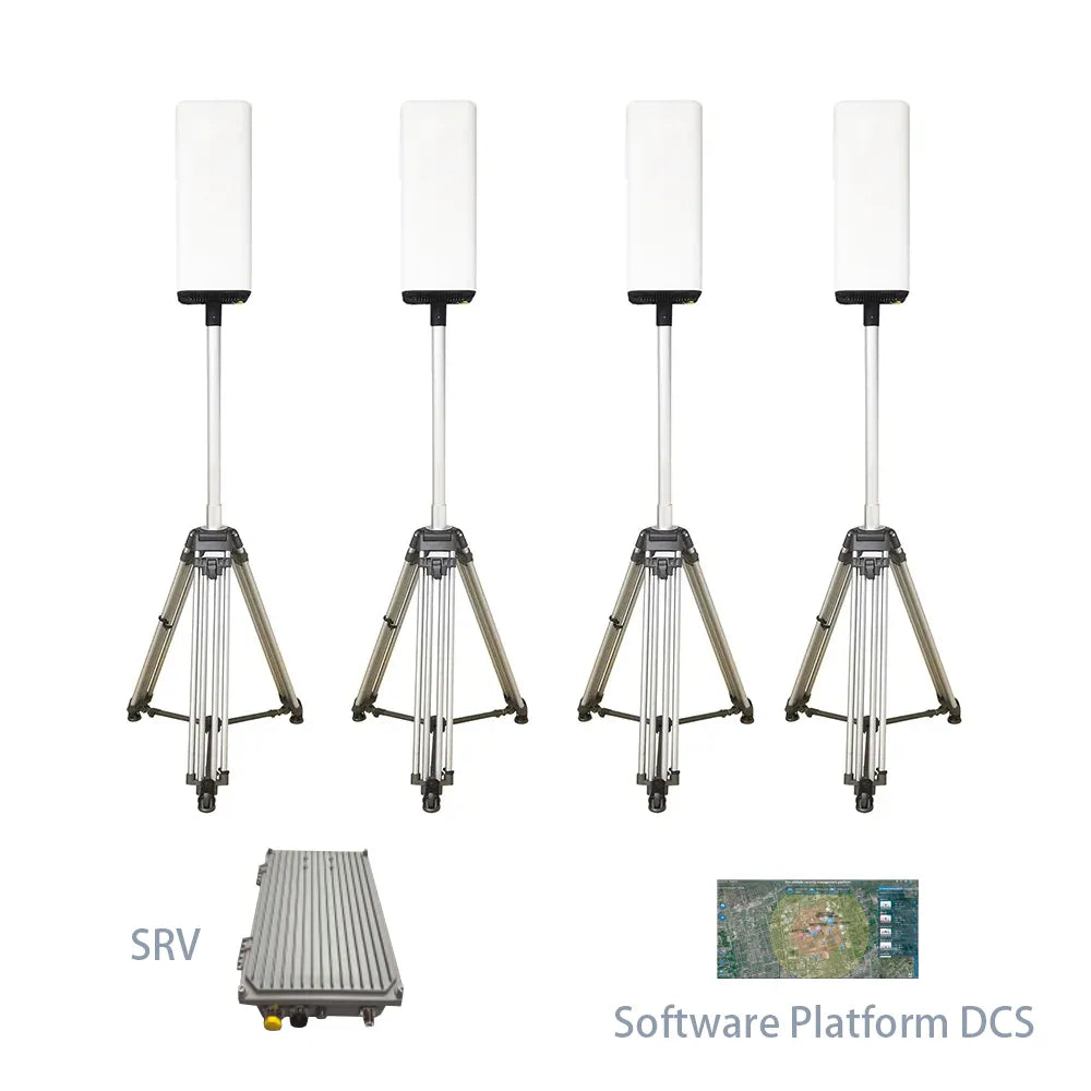 Full TDOA drone detection system setup including four UFTD1-mini units, DSC control system, and SRV for comprehensive counter UAS and drone detection systems.