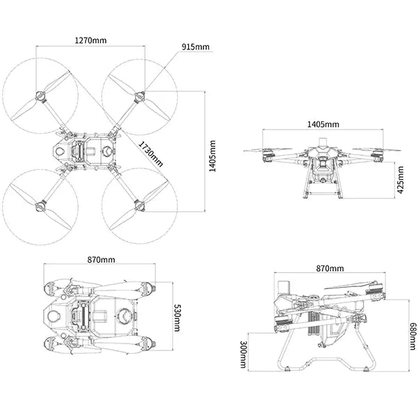 UA20 20L agricultural drone sprayer dimensions, showing unfolded size for precision agriculture drones and efficient farm spraying.