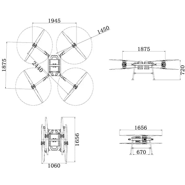 UD100 100kg payload delivery drone size diagram, illustrating the dimensions and design details of the drone for efficient drone delivery and UAV transport