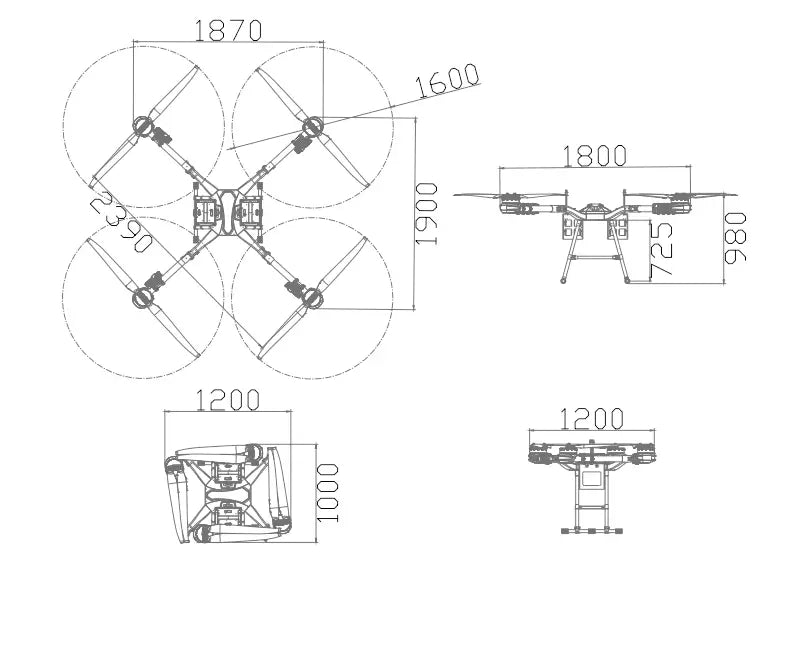 UD80 Transport Drone dimensions diagram, showing detailed measurements of the drone's size when unfolded and folded for storage