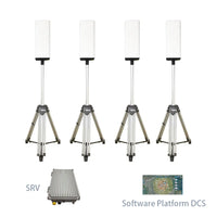 Full UF4-mini TDOA drone detection system setup including four UFTD1-mini units, DSC control system, and SRV for comprehensive counter UAS and drone detection systems.