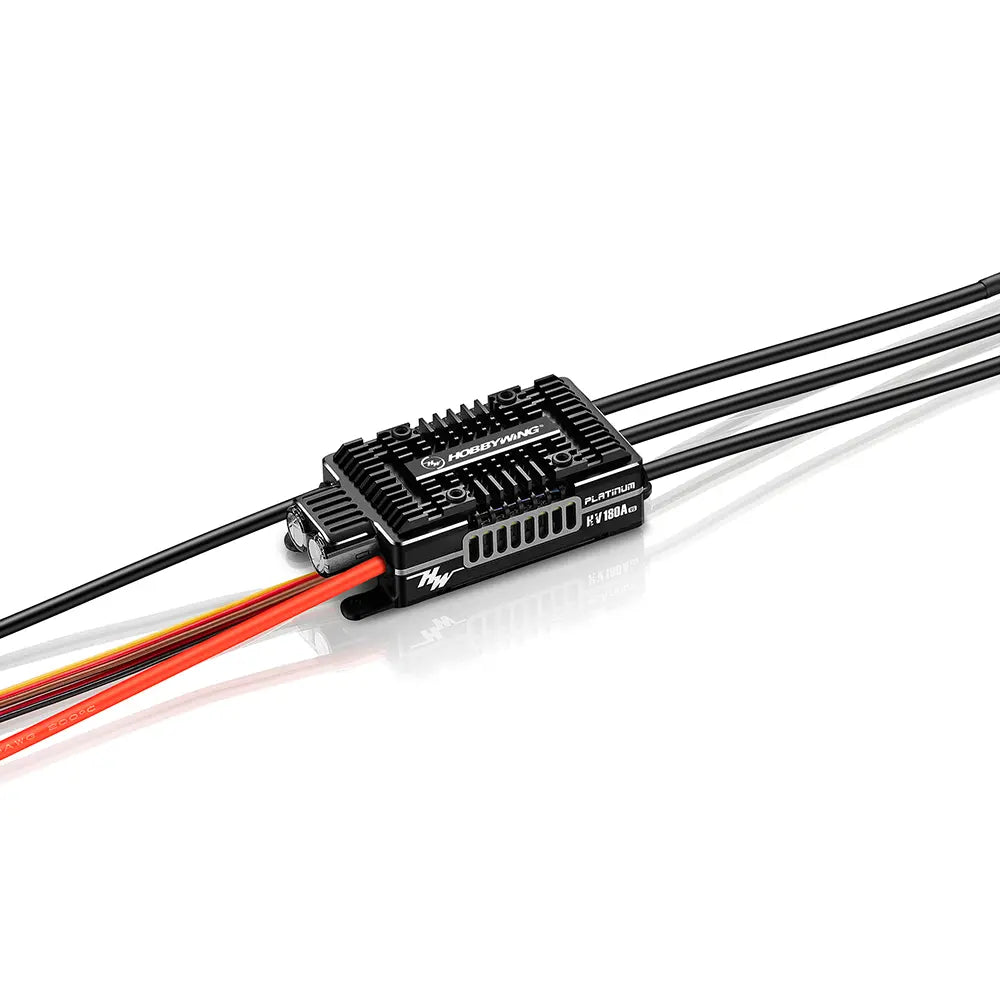 Angled view of HOBBYWING Platinum HV 180A SBEC V5 ESC highlighting airflow design and compact size.
