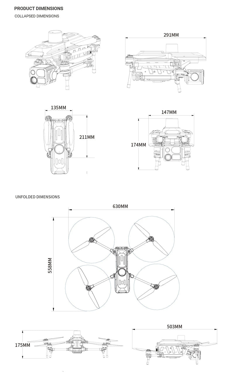 UIH foldable multirotor drone dimensions engineering drawing showing folded and unfolded airframe size for transport and deployment