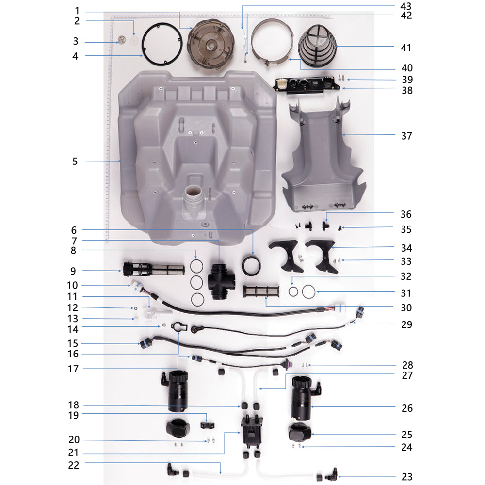 UNITED UAV DJI Agras T20P spray tank parts and accessories numbered diagram on white background