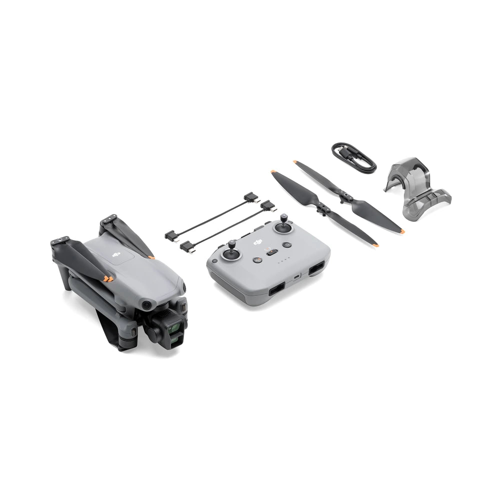 DJI Air 3 kit with DJI RC-N2 controller, flight battery, low-noise propellers, gimbal protector and cables.