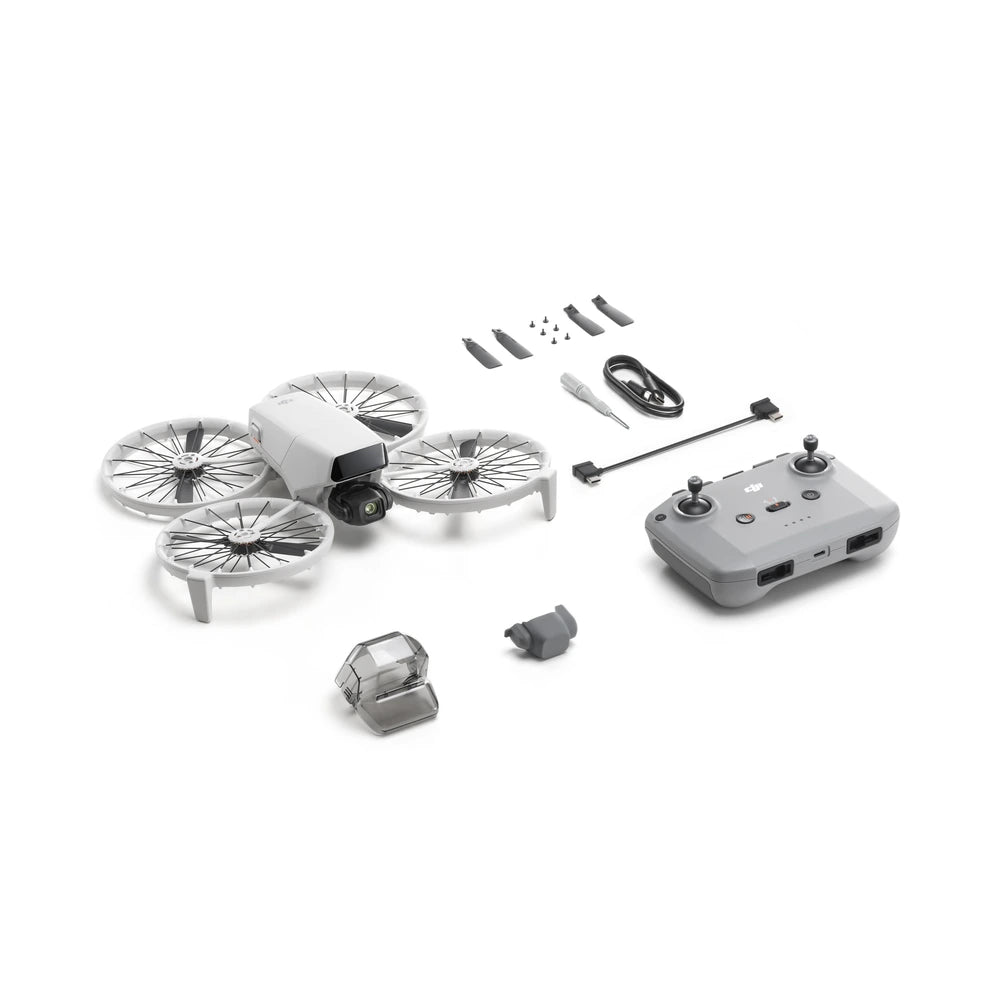 DJI Flip kit with DJI RC-N3 controller, flight battery, spare propellers, gimbal protector, screwdriver and cables.