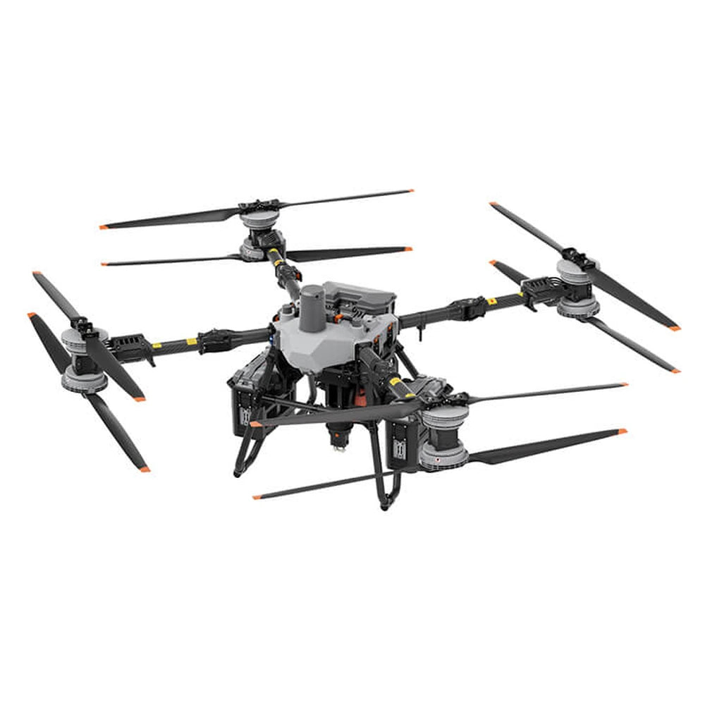 DJI FlyCart 100 cargo drone in three-quarter view with arms extended, coaxial propellers and landing gear.