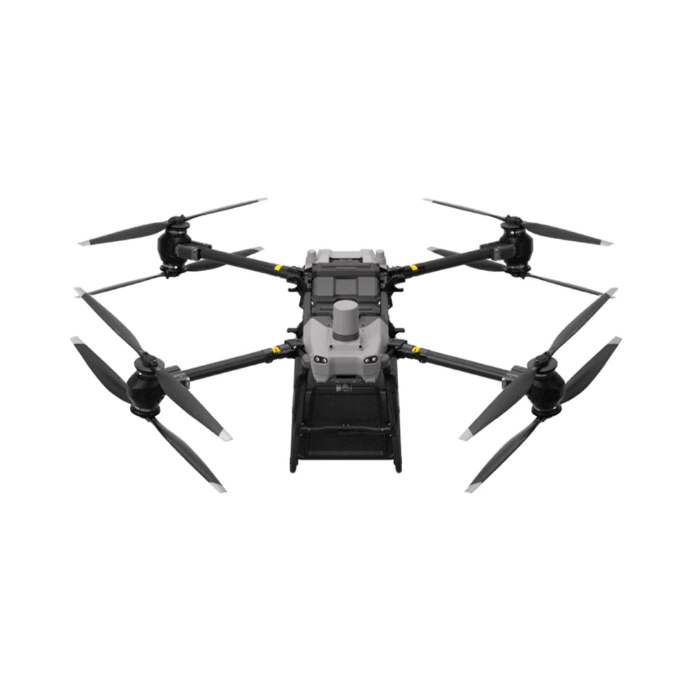 DJI FlyCart 30 cargo delivery drone viewed from the front with arms unfolded, coaxial propellers and cargo case.
