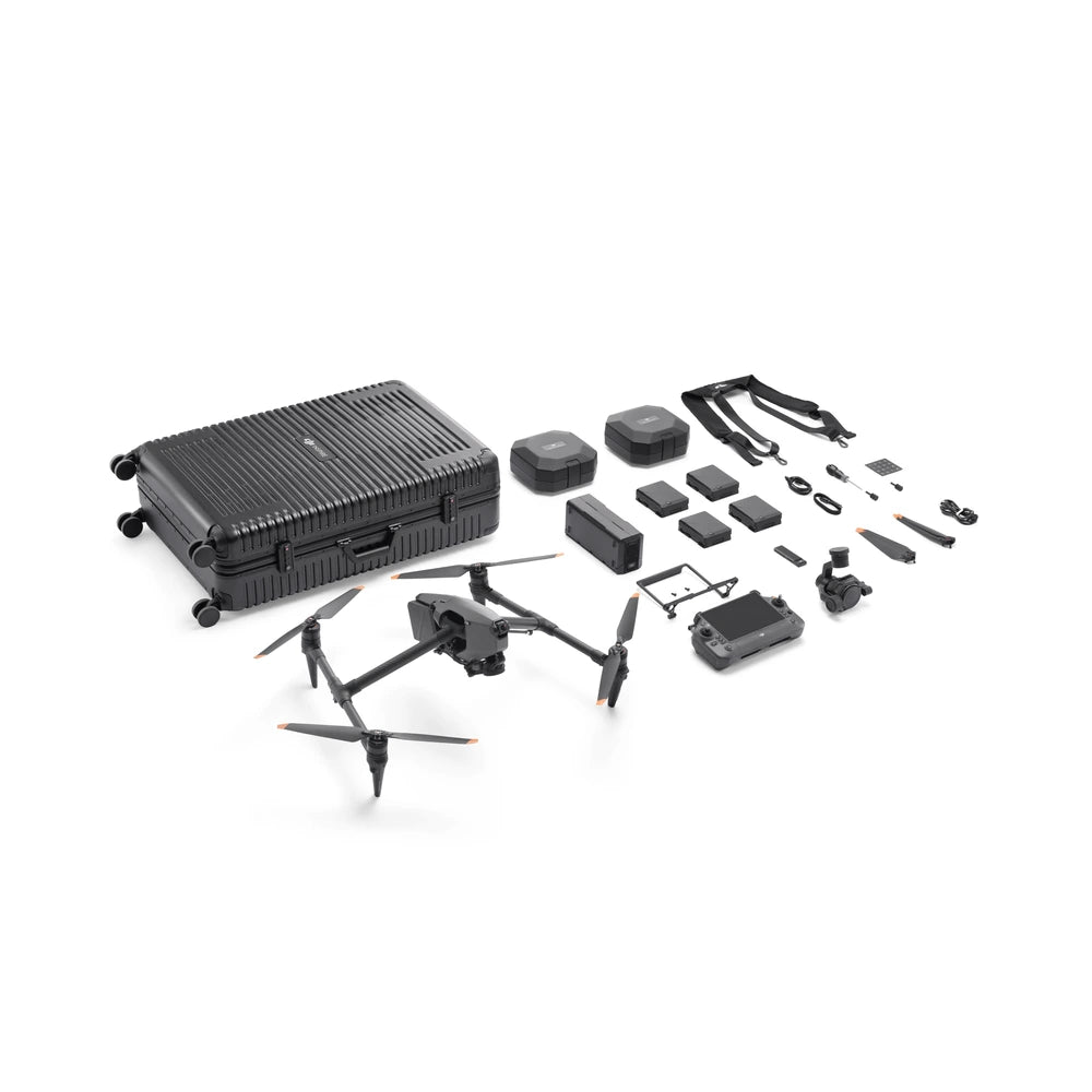 DJI Inspire 3 package with aircraft, RC Plus, Zenmuse X9-8K Air, six TB51 batteries, PROSSD, charging hub, trolley case and accessories.