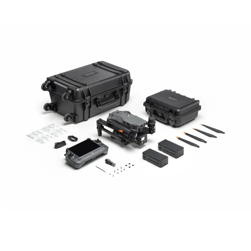 DJI Matrice 30T Worry-Free Combo with aircraft, RC Plus controller, BS30 battery station, two TB30 batteries and carrying case.