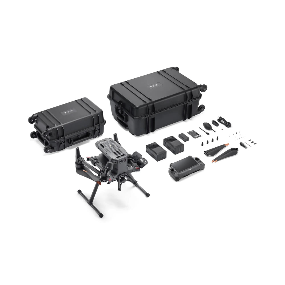 Matrice 350 RTK combo contents with aircraft, DJI RC Plus, two TB65 batteries, WB37 battery, BS65 station, carrying case and accessories.