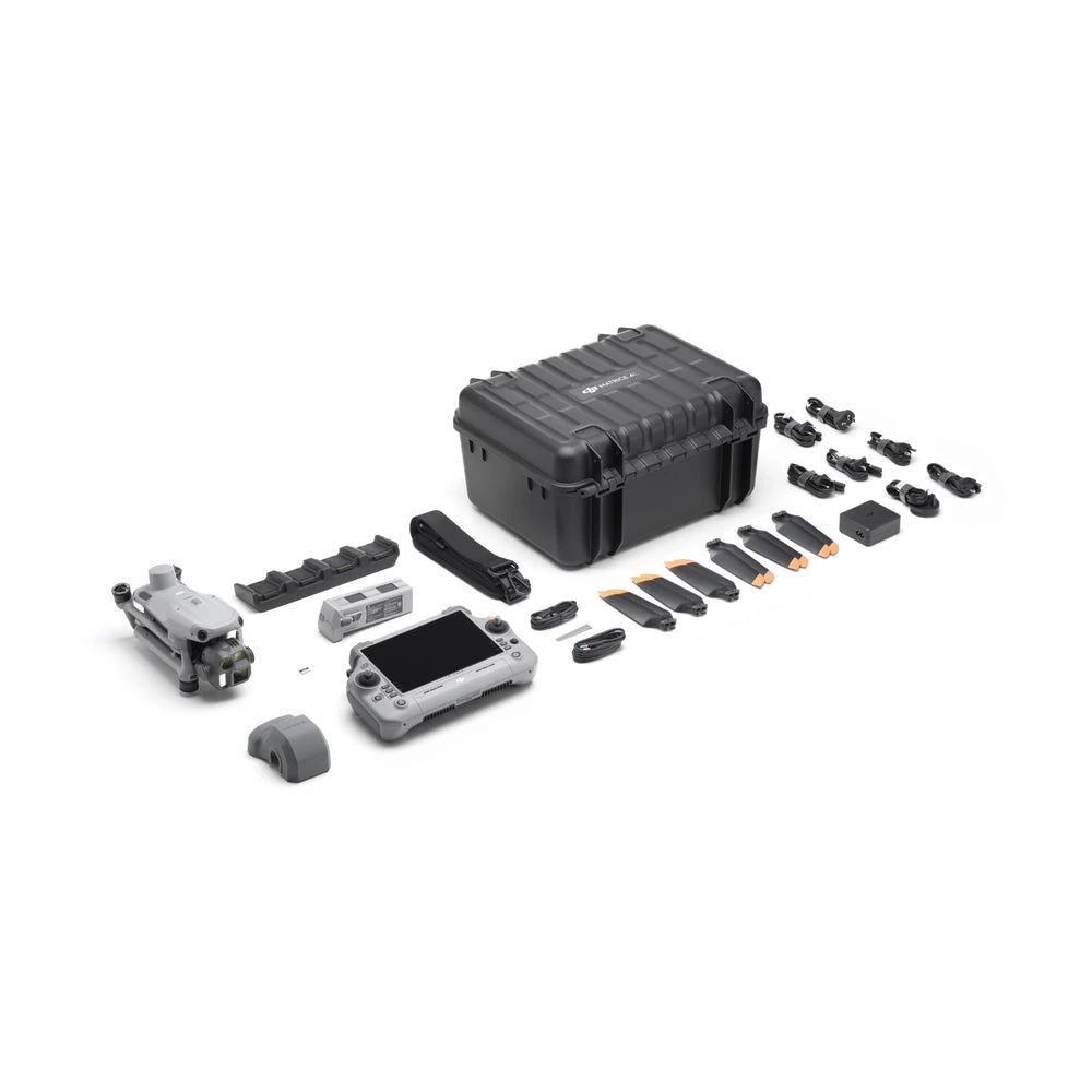 DJI Matrice 4E Plus Combo contents with aircraft, RC Plus 2 Enterprise controller, charging equipment, storage case and accessories.