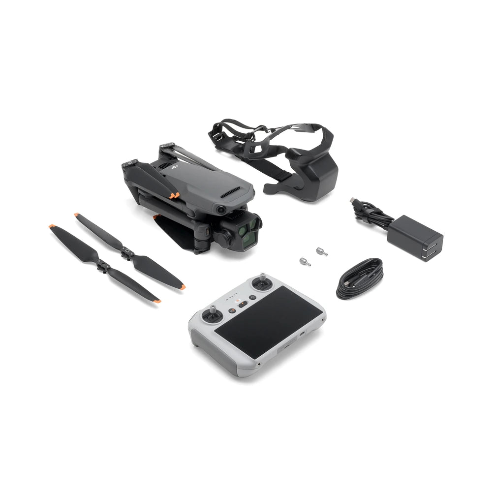 DJI Mavic 3 Pro kit with DJI RC, flight battery, 65W charger, storage cover, propellers and cables.