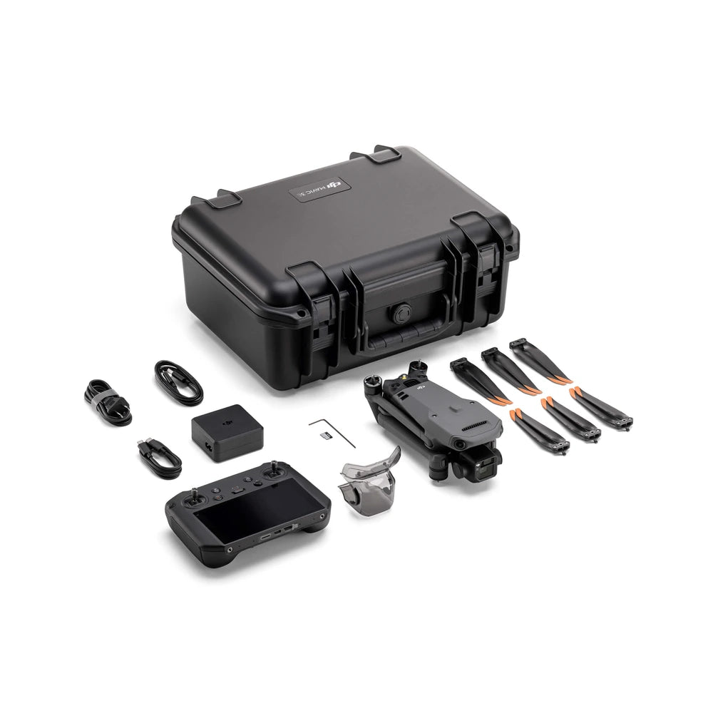 DJI Mavic 3E Worry-Free Basic Combo with aircraft, RC Pro Enterprise, power adapter, case and included accessories.