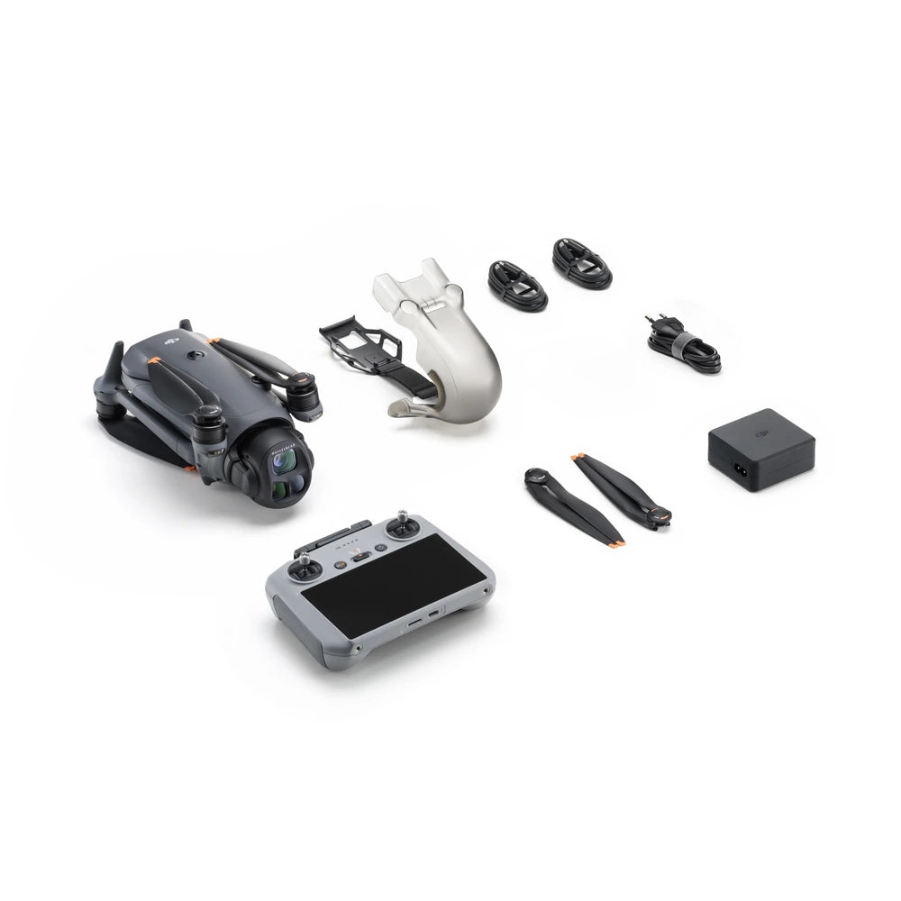 DJI Mavic 4 Pro kit with DJI RC 2, flight battery, storage cover, spare propellers, cables and 100W power adapter.