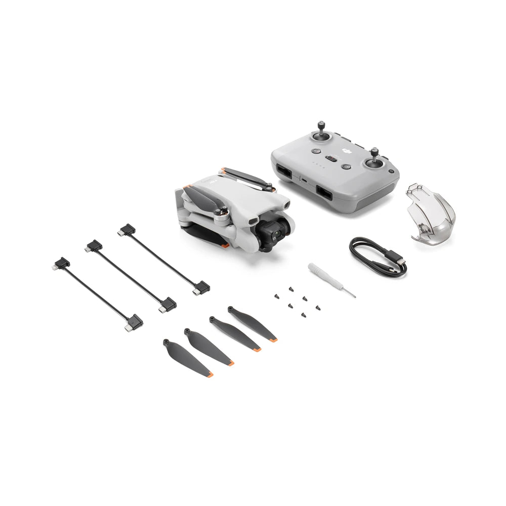 DJI Mini 3 with DJI RC-N1 controller, flight battery, cables and included accessories.